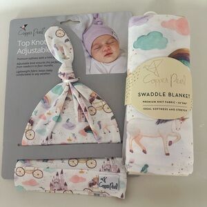 Copper pearl Unicorn Swaddle Blanket and Top Knot Hat Set